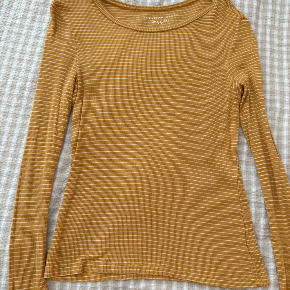 American Eagle Outfitters Women's Yellow Striped Long Sleeve Tee